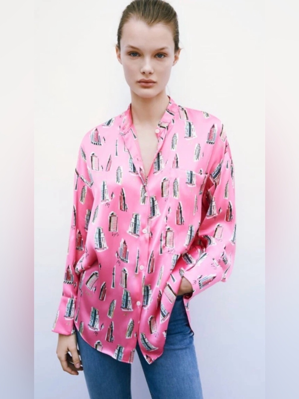 Zara Women's Satin Blouse L Pink Cityscape Print Button Down Oversized Shirt